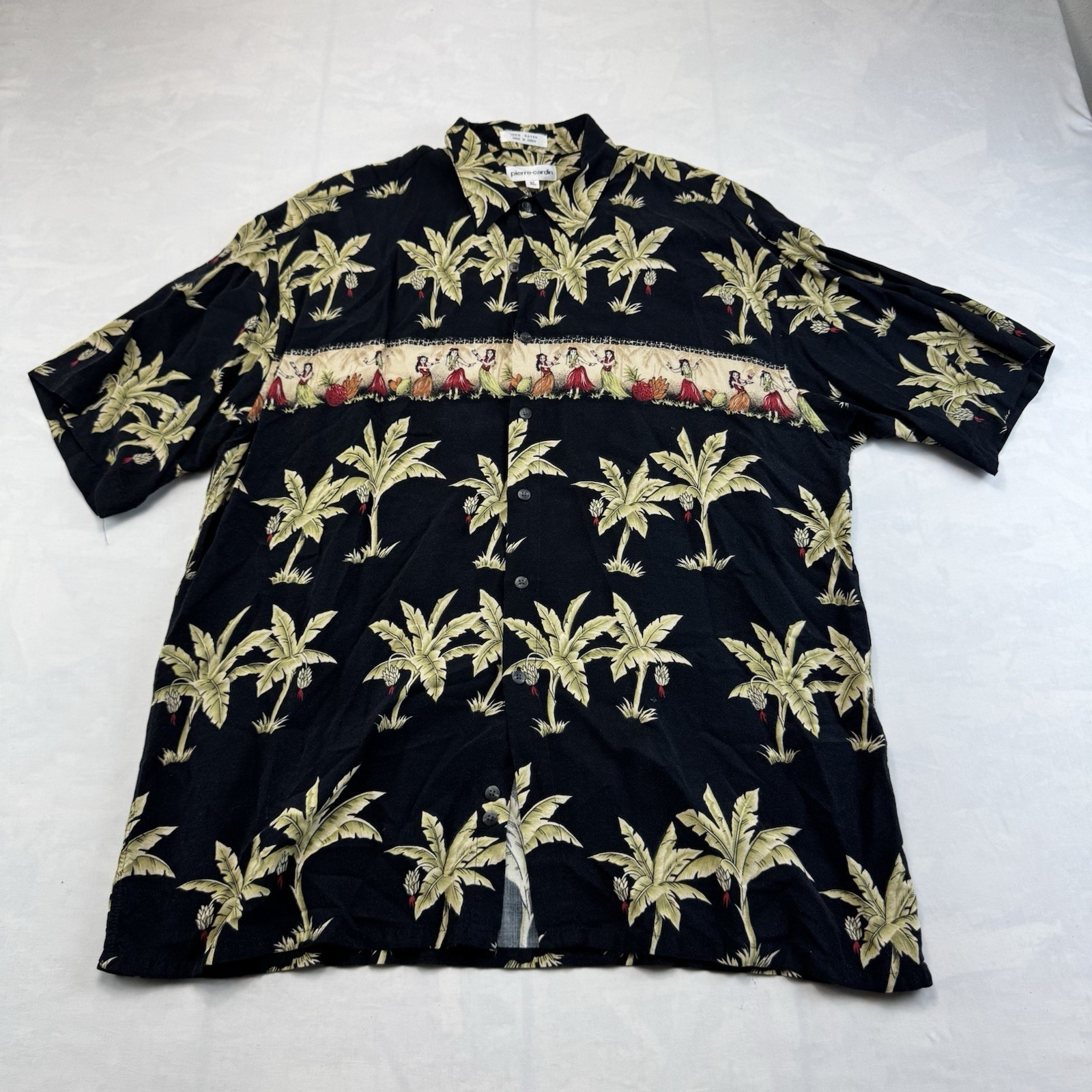 Pierre Cardin Hawaiian Shirt Mens Xl Black Rayon Palm Tree Hula Aloha Camp
